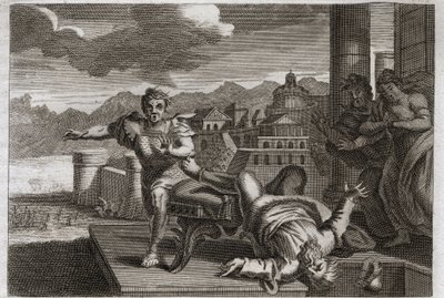 Biblia de Royaumont, Antiguo Testamento: Castigo de Heli. Dios, para castigar al gran sacerdote Heli (Eli) por su negligencia al tomar las órdenes de sus hijos, permite que caiga de su asiento y se rompa la cabeza al escuchar la noticia de su muerte. de Unknown artist