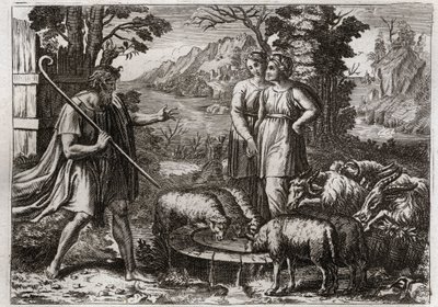 Biblia de Royaumont, Antiguo Testamento: Raquel y Lea. Jacob sirve a Labán, su tío, para casarse con su hija Raquel. Ilustración de 1811. de Unknown artist