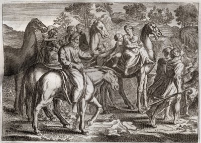 Biblia de Royaumont, Antiguo Testamento: Retorno de Jacob. El regreso de Jacob a la tierra de Canaán con sus esposas, Raquel y Lea, y sus hijos. Ilustración de 1811. de Unknown artist