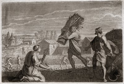Biblia de Royaumont, Antiguo Testamento: Rut sigue a su suegra Noemí en la tierra de Judá y cosecha los campos de trigo de Booz. Ilustración de 1811. de Unknown artist