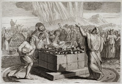 Biblia de Royaumont, Antiguo Testamento: Sacrificio de Elías. Y habiendo dado a conocer al verdadero Dios por el milagro del fuego que descendió del cielo sobre su sacrificio, mandó al pueblo matar a los cuatrocientos cincuenta sacerdotes del ídolo de Baal de Unknown artist