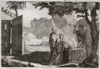 Biblia de Royaumont, Antiguo Testamento: Sacrificio de Gedeón. Gedeón (Gedeón) es llamado por Dios para liberar a los judíos de sus enemigos. Ofrece un sacrificio sobre una piedra, de la cual sale un fuego que lo consume. Ilustración de 1811. de Unknown artist
