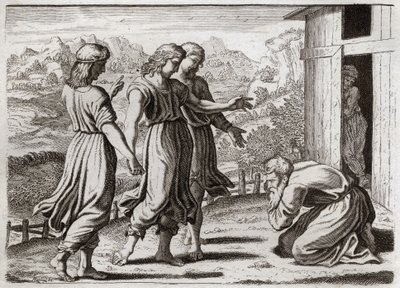 Biblia de Royaumont, Antiguo Testamento: Sara concibe a Isaac. Abraham recibe a tres ángeles que prometen a Sara (Sara) que tendrá un hijo en un año. Ilustración de 1811. de Unknown artist