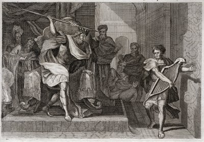 Biblia de Royaumont, Antiguo Testamento: Saúl quiere matar a David. Saúl lleno de ira y envidia contra David, quiere atravesarlo con su lanza cuando tocaba el arpa frente a él. Ilustración de 1811. de Unknown artist