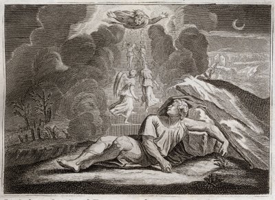 Biblia de Royaumont, Antiguo Testamento: Escalera de Jacob. Jacob, huyendo de la ira de Esaú, ve en sueños una escalera misteriosa. Ilustración de 1811. de Unknown artist