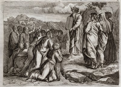 Biblia de Royaumont, Antiguo Testamento: Segundas Tablas de la Ley. Dios da a Moisés otras tablas (Diez Mandamientos), que el pueblo recibe con respeto. Ilustración de 1811. de Unknown artist