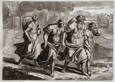 Biblia de Royaumont, Antiguo Testamento: Sodoma quemada. Dios irritado por los abominables crímenes de Sodoma, la quema junto con otras ciudades vecinas, con una lluvia de fuego y azufre que cae del cielo (Lot, sus hijas y su esposa huyen de la ciudad). Il de Unknown artist