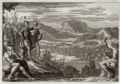 Biblia de Royaumont, Antiguo Testamento: Soldados de Gedeón. Dios ordena a Gedeón (Gedeón) que lleve a todas sus tropas al río Jordán, y le da una señal para discernir a aquellos que debía usar para luchar contra los madianitas. Ilustración de 1811. de Unknown artist