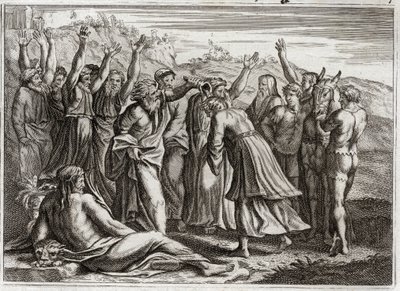 Biblia de Royaumont, Antiguo Testamento: Salomón Rey. David estableció a Salomón como rey a las oraciones de Betsabé y el profeta Natán. Ilustración de 1811. de Unknown artist