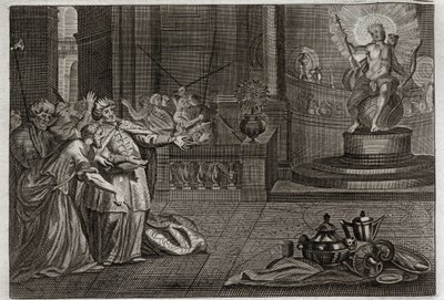 Biblia de Royaumont, Antiguo Testamento: El ídolo de Bel. Daniel destruyó el ídolo de Bel y mató a un dragón al que los babilonios adoraban. Ilustración de 1811 de Unknown artist