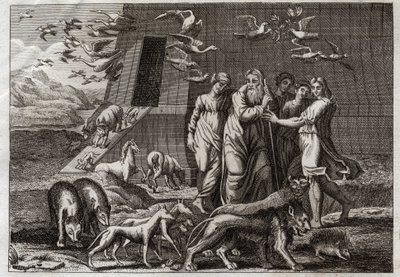 Biblia de Royaumont, Antiguo Testamento: El Arco Iris. Noé sale del Arca y ofrece un sacrificio a Dios, quien lo recibe favorablemente. Promete no enviar más diluvios a la tierra. Da el Arco Iris como señal de la verdad de esta promesa. Ilustración de 1811 de Unknown artist