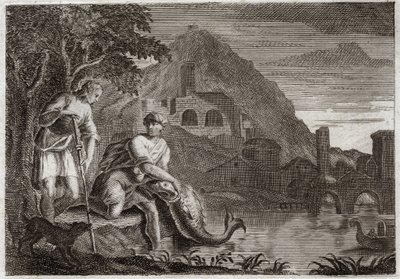 Biblia de Royaumont, Antiguo Testamento: El ángel guía a Tobías. El joven Tobías está aterrorizado por un pez (milagroso) que quería comérselo. El ángel Rafael viene por orden de Dios para guiarlo en un viaje que tenía que hacer. Ilustración de 1811. de Unknown artist
