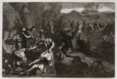 Biblia de Royaumont, Antiguo Testamento: Ladrones de Siceleg. Algunos amalecitas vienen a saquear Siceleg en ausencia de David. Él corre furioso y los derrota. Ilustración de 1811. de Unknown artist