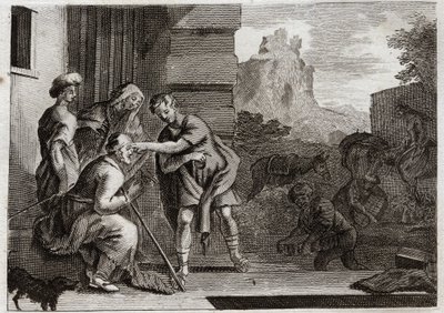 Biblia de Royaumont, Antiguo Testamento: Tobías recupera la vista. El joven Tobías devuelve la vista a su padre pasando sobre sus ojos la hiel del pez que pescó siguiendo el consejo del Arcángel Rafael. El ángel se da a conocer y luego desaparece. Ilustrac de Unknown artist