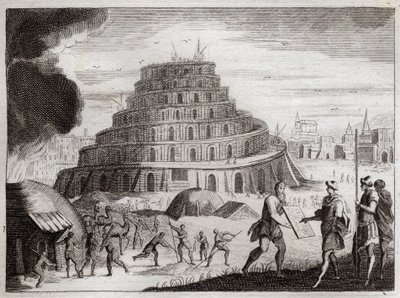 Biblia de Royaumont, Antiguo Testamento: Torre de Babel. Los hombres quieren por vanidad levantar una Torre hasta el cielo. Dios impide esta obra confundiendo sus lenguas para que no puedan entenderse. Ilustración de 1811 de Unknown artist