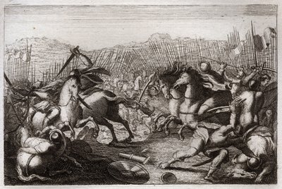 Biblia de Royaumont, Antiguo Testamento: Victoria de Judas. Judas Macabeo derrotó a Apolonio, Serón, Ptolomeo Macron, Gorgias, Nicanor y Lisias en varias batallas. Ilustración de 1811. de Unknown artist