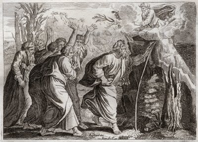 Biblia de Royaumont, Antiguo Testamento: Agua de la roca. Moisés saca agua de la roca y da de beber al pueblo de Israel. Ilustración de 1811 de Unknown artist