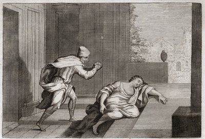 Biblia de Royaumont, Antiguo Testamento: Mujer del Levita ultrajado. La esposa del levita fue encontrada muerta en la puerta después de ser abusada por maleantes. Ilustración de 1811 de Unknown artist