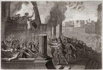 Biblia de Royaumont, Antiguo Testamento: Zambri se quema. Zambri, habiéndose rebelado contra Ela, el cuarto rey de Israel, se atrinchera en Tersa, donde se quema a sí mismo, con toda su familia, en su palacio. Ilustración de 1811 de Unknown artist