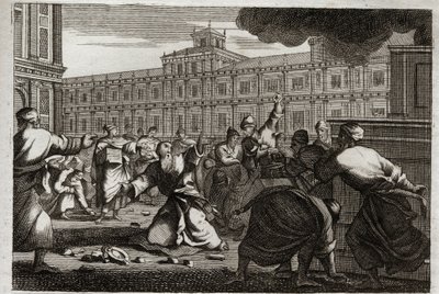 Biblia de Royaumont, Antiguo Testamento: Zacarías apedreado. Zacarías, el Sumo Sacerdote, es apedreado por orden de Joás, rey de Judá, porque no siguió sus órdenes. Ilustración de 1811. de Unknown artist