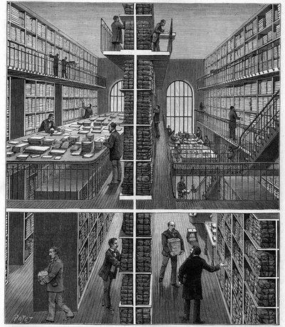 Biblioteca Nacional en París: sala de manejo y archivo de periódicos en el Bureau des Entrees. Grabado en 