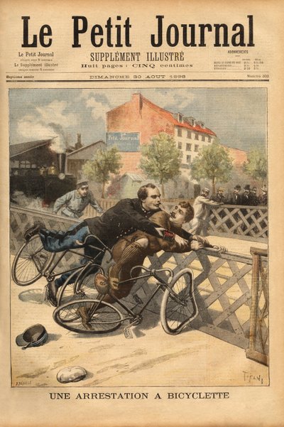 Arresto en bicicleta cerca de Champigny. Grabado en “Le petit journal” 30/08/1896. Colección Selva. de Unknown artist