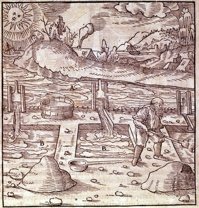 Recuperación de betún. Georg Bauer "Agricola De Re metallica" libro del siglo XV. Bibl. del Museo de Ciencia, Milán. de Unknown artist