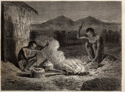 Herreros en Simiango, en las orillas del río Zambeze. Grabado para ilustrar los primeros viajes del Dr. Livingstone al sur de África de 1840 a 1856, en 