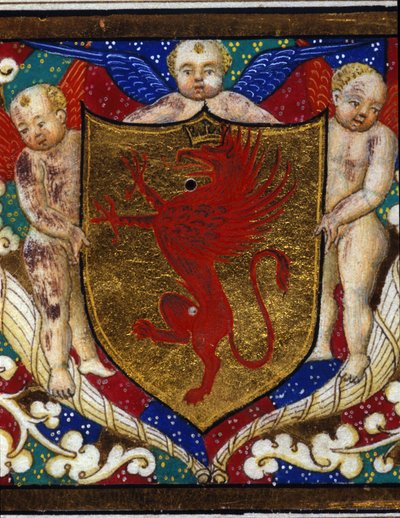 Blasón decora una corona de grifo sobre fondo dorado. (detalle) de Unknown artist