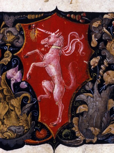 Blasón decorando un unicornio sobre fondo rojo. Detalle de una miniatura. Siglo XV de Unknown artist