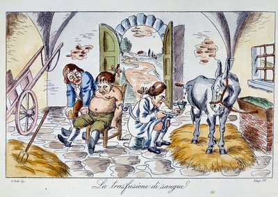 Transfusión de sangre. Un doctor inyecta sangre de caballo a un paciente. Caricatura del siglo XIX. Colección privada de Unknown artist