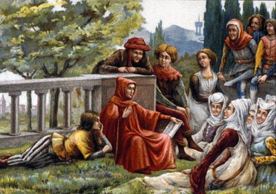 Boccaccio leyendo el Decamerón a sus amigos durante la epidemia de peste en Florencia alrededor de 1348. Cromolitografía de finales del siglo XIX de Unknown artist