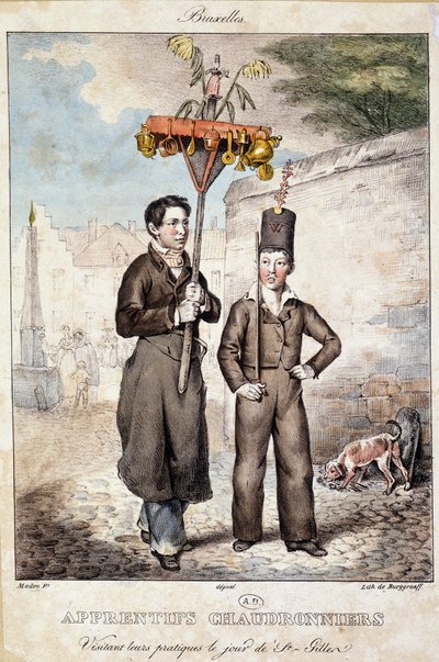 Aprendices de caldereros visitando sus prácticas en el día de San Gillen (Bruselas) - Litografía, principios del siglo XIX de Unknown artist