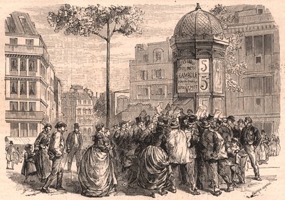 Boulevard Pigalle en París: multitud parisina alrededor de una columna Morris durante la venta de periódicos de Unknown