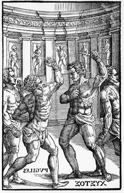 Boxeadores, luchadores - en "Hieronymi Mercurialis de Arte Gymnastica", edición de Venecia de Unknown artist
