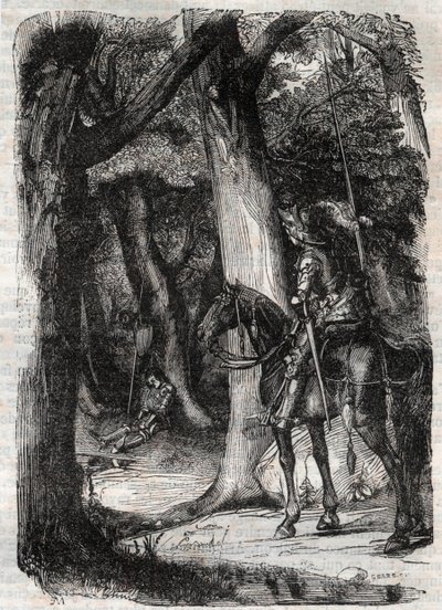Bradamante descubre a Pinabel - grabado de 1851 de “Roland furieux” (Orlando furioso) (siglo XVI) por Ludovico Ariosto, conocido como el Ariosta - Edición traducida del italiano por el Conde de Tressan y publicada por Gustave Harvard 1851 de Unknown artist