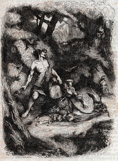 Bradamante derribada por un gigante - grabado de 1851 de “Furious Roland” (Orlando furioso) (siglo XVI) por Ludovico Ariosto, conocido como el Ariosta - Edición traducida del italiano por el Conde de Tressan y publicada por Gustave Harvard 1851 de Unknown artist