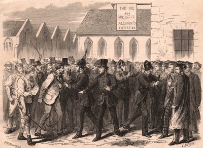 Pelea entre estudiantes de la Universidad de Oxford y trabajadores en una calle de Oxford, Inglaterra de Unknown