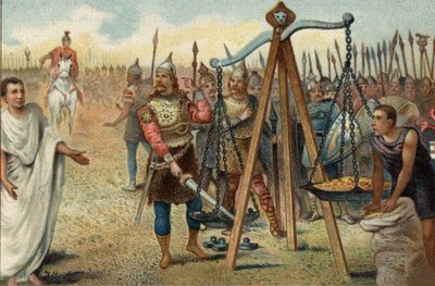 Brennus poniendo su espada en la balanza, 390 a.C.: Saqueo de Roma por los galos liderados por su jefe Brennus (Brennos). Ante la resistencia de los romanos, Brennus acordó tratar con el tribuno militar romano Quintus Sulpicius: dejó Roma a cambio del pa de Unknown artist