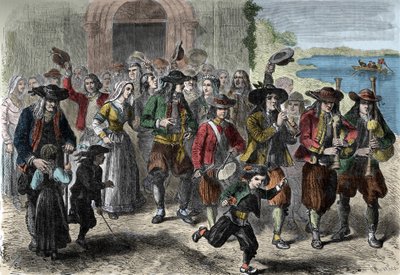 Costumbre bretona: pareja de jóvenes matrimonios a la salida de la iglesia. En la parte superior del cortejo están los jugadores de biniou y tambor. Treguennec, Finisterre (29) de Unknown artist
