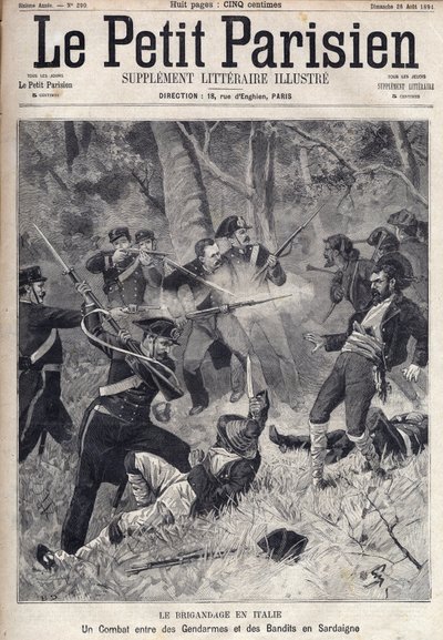 Bandidaje en Italia: una pelea entre gendarmes y bandidos en Cerdeña. (Briganti Sardi, Cerdeña) Grabado en "Le Parisien" de Unknown artist
