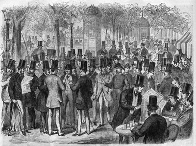 Corredores cerca de la pequeña Bolsa del Boulevard des Italiens en París, Francia. Grabado en “El Universo Ilustrado”. de Unknown artist