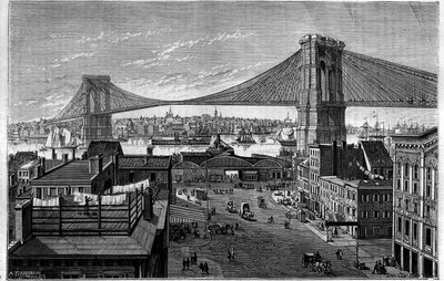Puente de Brooklyn. Comienza en 1869, en construcción en el momento del grabado, se completará en 1883. Nueva York (Nueva York), Estados Unidos. Grabado en "La Nature: revue des sciences et de leurs aplicaciones aux arts et a l