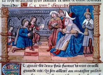 Los hermanos Nicolo y Matteo Polo, padre y tío del joven Marco Polo (1254-1324) fueron recibidos en la corte del Gran Qubilai (Kubilai Khan, primer emperador de la dinastía Yuan mongol (1215-1294), emperador mongol en 1271). Miniatura tomada de... de Unknown artist