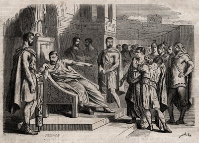 Bruto condenando a su hijo a muerte - Bruto (Marcus Junius Brutus, 85-42 a.C.) condenando a sus hijos a muerte - grabado en “Dictionnaire populaire illustrious” - 1864 - por Joseph Decembre y Edmond Allonier de Unknown artist