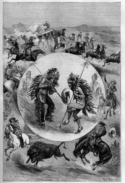 Espectáculo de Buffalo Bill en París: ejercicios presentados por la troupe de William Frederic Cody (1846-1917), conocido como Buffalo Bill (ataque de una diligencia, danza sioux, caza de búfalos). Grabado en "La Nature. Revue des sciences et de ses aplica de Unknown artist