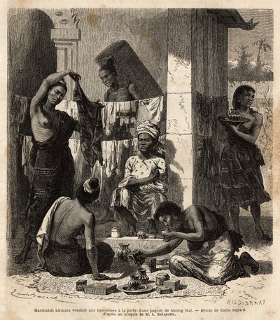 Comerciantes birmanos vendiendo telas y perfumes a mujeres laosianas en la puerta de una pagoda en Muong Mai. Grabado para ilustrar el viaje de exploración en Indochina, por Francis Garnier, teniente de Vaissseau, en 1866-1868, publicado en "Le tour du mon de Unknown artist