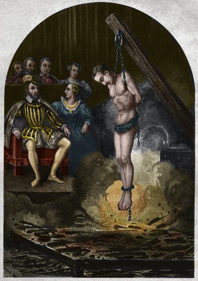 Cámara ardiente (tribunal) bajo el rey Enrique II (1519-1559) en presencia de Catalina de Médicis. Grabado de 1842 en “Histoire des popes” de Maurice Lachatre. Colección privada. de Unknown artist
