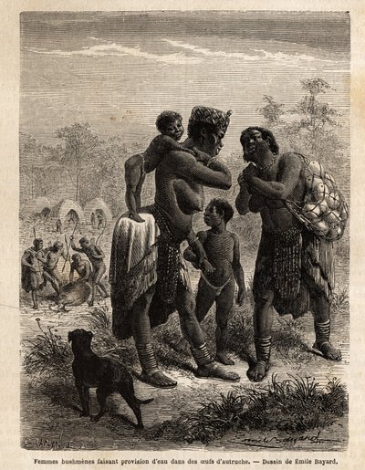 Bosquimanos almacenando agua en huevos de avestruz, acompañados por sus hijos; al fondo, se ve el pueblo y hombres sacrificando un antílope. Grabado para ilustrar los primeros viajes del Dr. Livingstone al sur de África de 1840 a 1856, en “Le tour du monde de Unknown artist