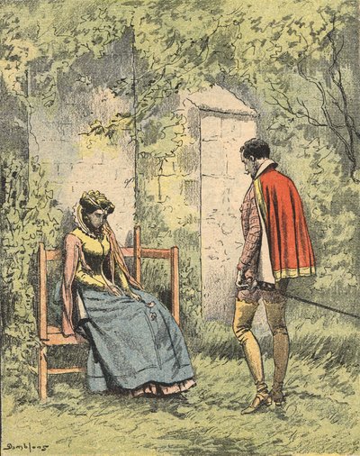 Bussy y Diane, conocida como Madame de Monsoreau, en el jardín cerca de la iglesia. Ilustración de la novela "La Dame de Monsoreau" de Alexandre Dumas en el "Journal des romans populaires illustrés" de Unknown artist